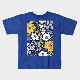 Boho garden // pattern // oxford navy blue background background very peri pastel blue yellow ivory and white flowers Kids T-Shirt